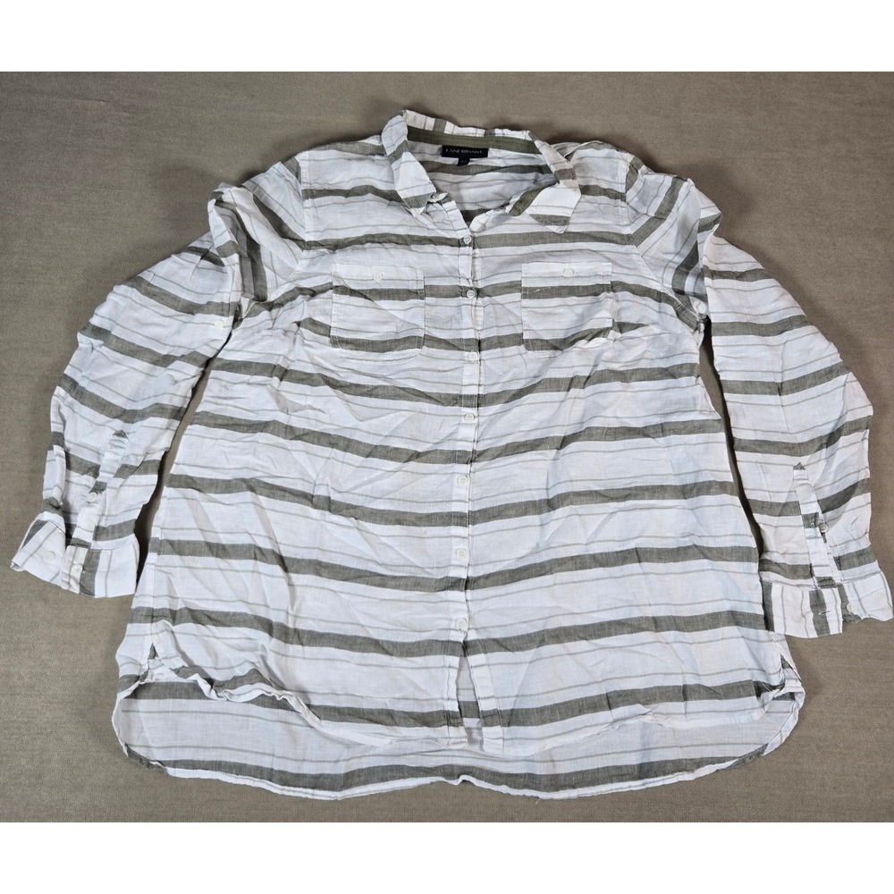 Lane Bryant White Striped Linen Cotton Blend Long Sleeve Button Down Shirt 18/20